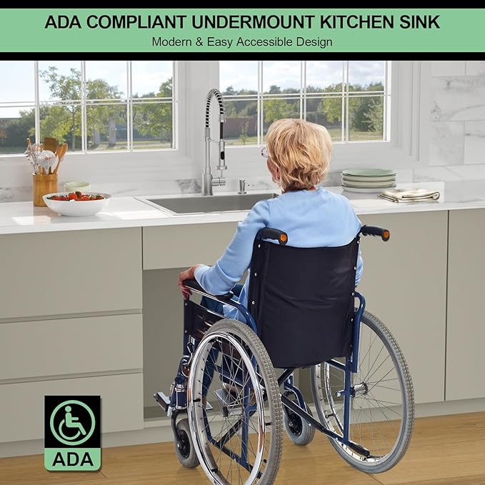25 Inch Drop In Kitchen Sink - Beslend ADA 6 Inch Depth 25x22 Drop In Sinks Topmount Stainless Steel 16 Gauge Mobility Friendly Sink for Wheelchair Accessible & Accessible Design Kitchen