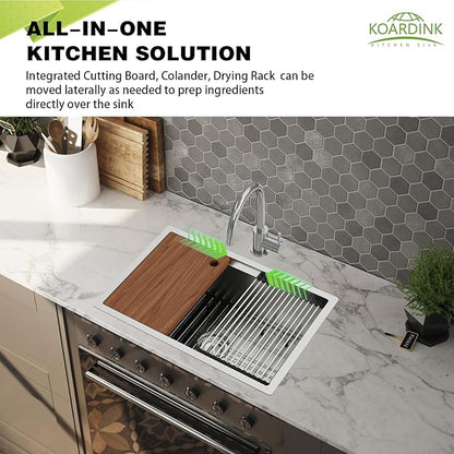 Kitchen Sink Workstation, 27x18 Inch Stainless Steel Drop In Kitchen Sink Modern Undermount Single Bowl Kitchen Sink Gift Combo-SS Grid,Drying Rack,Cutting Board,Sink Clip, Drain Strainer Set