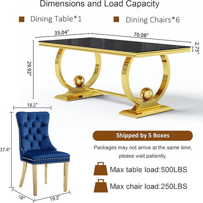 7-Piece Modern Luxury Dining Table Set, 70" Black Tempered Glass Dining Table with Gold Polished Stainless Steel U-Shaped Pedestal Base, 6 Blue Velvet Upholstered Chairs, for Dining Room, Office