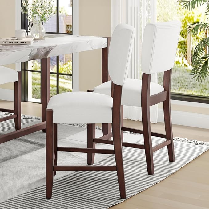 Mid Century Modern Stools Set of 4 Off White Rubber Wood Elegance Kitchen Island Dining Room Cozy Living