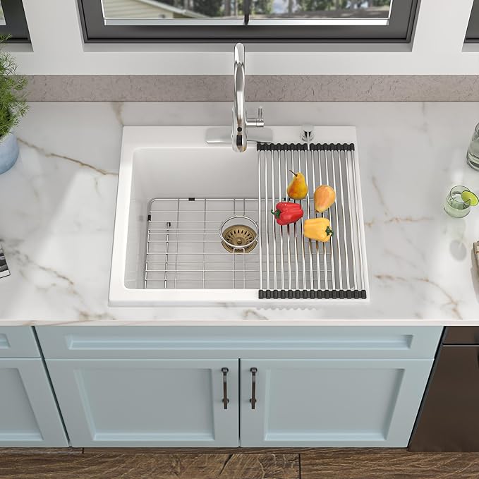 25"×22" Granite Composite Kitchen Sink - White Granite Kitchen Sink Drop In Top Mount Quartz Classic Above Counter Single Bowl Basin