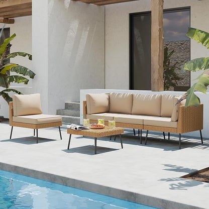 Aoxun Patio Furniture Set, 5 Piece Outdoor Sectional Sofas with Thick Cushion, Wicker Outdoor Patio Furniture Set with Coffee Table for Party, Garden, Backyard, Beige