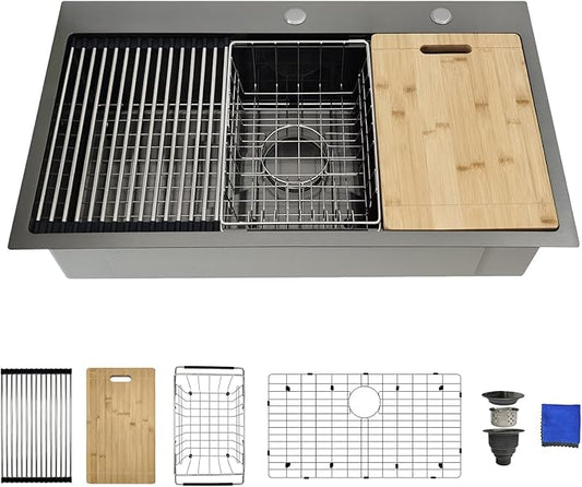 33x19 Black Kitchen Sink Drop In - 33 Inch Drop In Kitchen Sink Workstation, Black Stainless Steel Sinks, 16 Gauge Single Bowl Top Mount Workstation Sinks by Delironexu with 6 Accessories