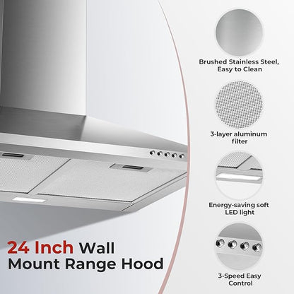 24 Inch Wall Mount Range Hood, Stainless Steel Range Hood 450 CFM, Ducted/Ductless Convertible Kitchen Hood with Push Button Control, 3 Fan Speed, 2 Pcs Mesh Filters