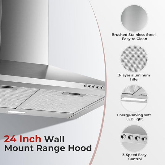 24 Inch Wall Mount Range Hood, Stainless Steel Range Hood 450 CFM, Ducted/Ductless Convertible Kitchen Hood with Push Button Control, 3 Fan Speed, 2 Pcs Mesh Filters