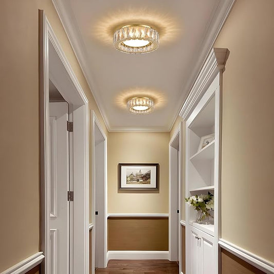 Crystal Gold Flush Mount Ceiling Light Fixture,Dimmable LED 5CCT 3000K-6000K Chandelier,11 Inch Modern Small 24W Round Lighting Fixtures for Kitchen Hallway Foyer Laundry Room