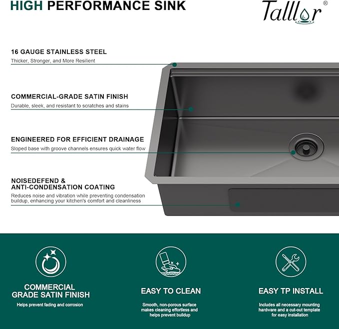 36 Inch Undermount Kitchen Sink, 16 Gauge Black Stainless Steel Single Bowl Sink, Workstation Kitchen Sinks with Cutting Board, Bottom Grid, Drying Rack, Mixing Bowl & Strainer #TLU-0042