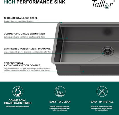36 Inch Undermount Kitchen Sink, 16 Gauge Black Stainless Steel Single Bowl Sink, Workstation Kitchen Sinks with Cutting Board, Bottom Grid, Drying Rack, Mixing Bowl & Strainer #TLU-0042