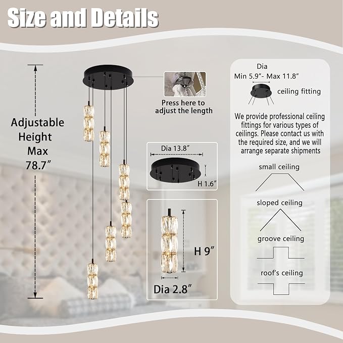 ykolupty Modern Pendant Light for Stairwell LED Dimmable Black Pendant Chandelier Crystal Pendant Light for Kitchen Island Stairwell Foyer Dining Room