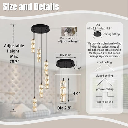 ykolupty Modern Pendant Light for Stairwell LED Dimmable Black Pendant Chandelier Crystal Pendant Light for Kitchen Island Stairwell Foyer Dining Room