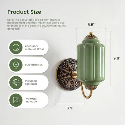Vintage Milk Green Glass Wall Sconce - Milk Glass Shade Antique Brass Indoor Wall Light for Bedroom, Living Room, and Hallway
