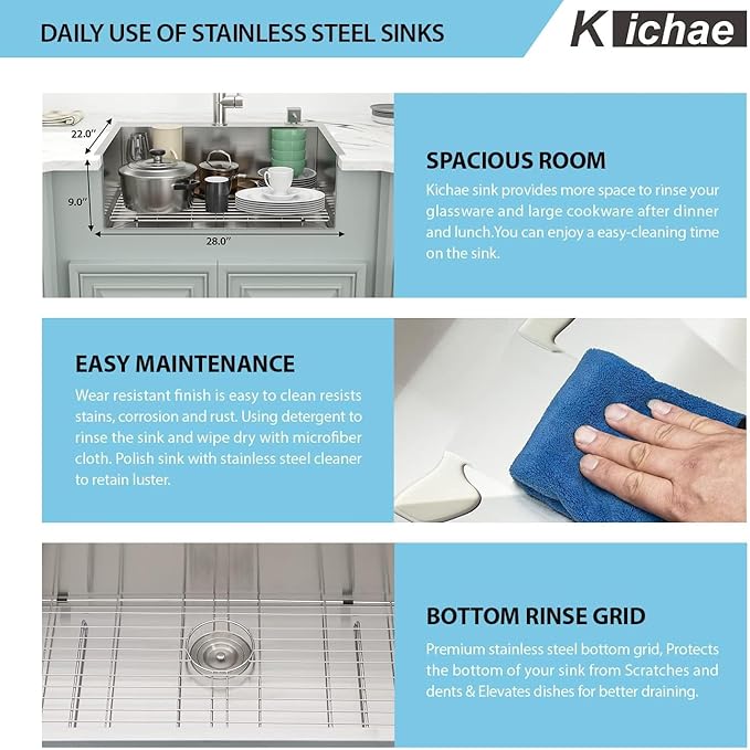 Kichae 28 Drop in Kitchen Sink - 28x22 Inch Kitchen Sink Drop in 16 Gauge Stainless Steel Single Bowl Handmade Topmount Basin with Drain Strainer