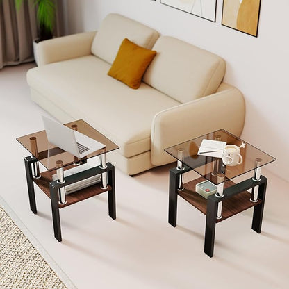 Set of 2 Glass End Table, 2-Layer Glass Living Room Table, Modern Tea Table Side Tables for Home Office Furniture