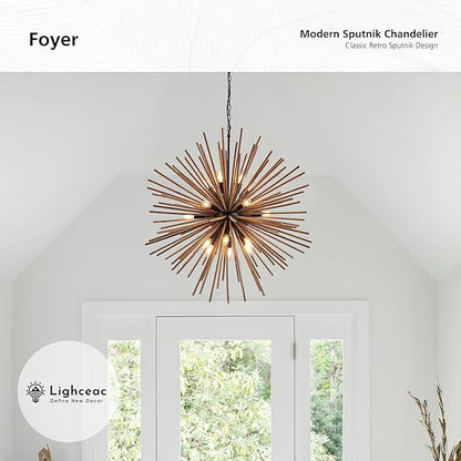 37.4" Farmhouse Sputnik Chandelier for Dining Room Rustic Handmade Natural Wood 18-Light Hanging Ceiling Pendant Light Fixture Starburst Wood Chandeliers for Kitchen Bedroom Foyer Hallway