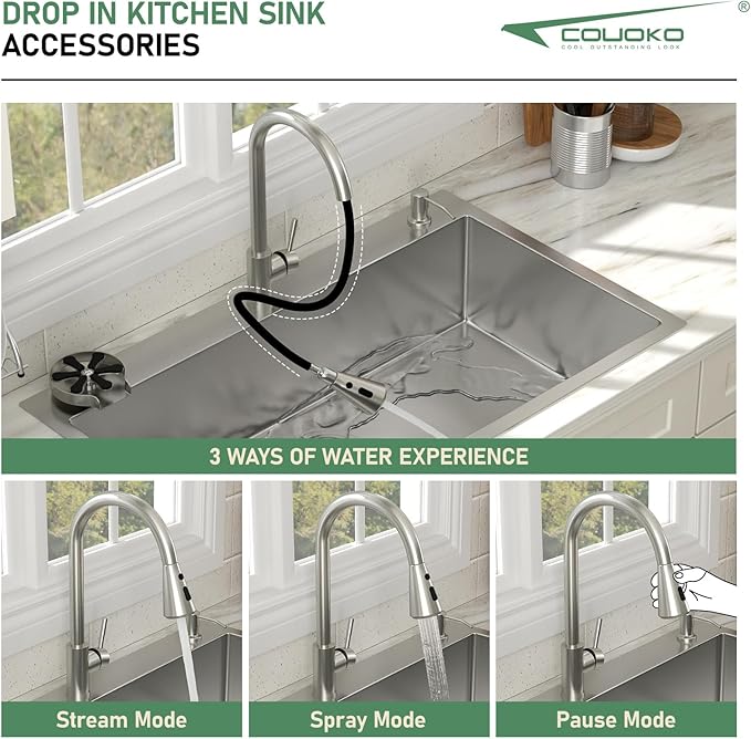 30x22 Drop In Kitchen Sink with Faucet Combo16 Gauge Stainless Steel Single Bowl Kitchen Sink Large Deep Round Corner Handmade Topmount Overmount Basin Kitchen Sinks