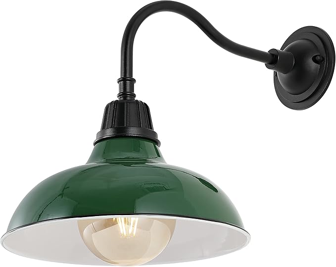 JONATHAN Y 12.25" Green/Black Farmhouse Industrial Outdoor Sconce, LED Gooseneck Wall Light for Porch, Metal Bowl Shade, Dimmable Vintage Exterior Fixture, LED Bulb Included (JYL7613F)