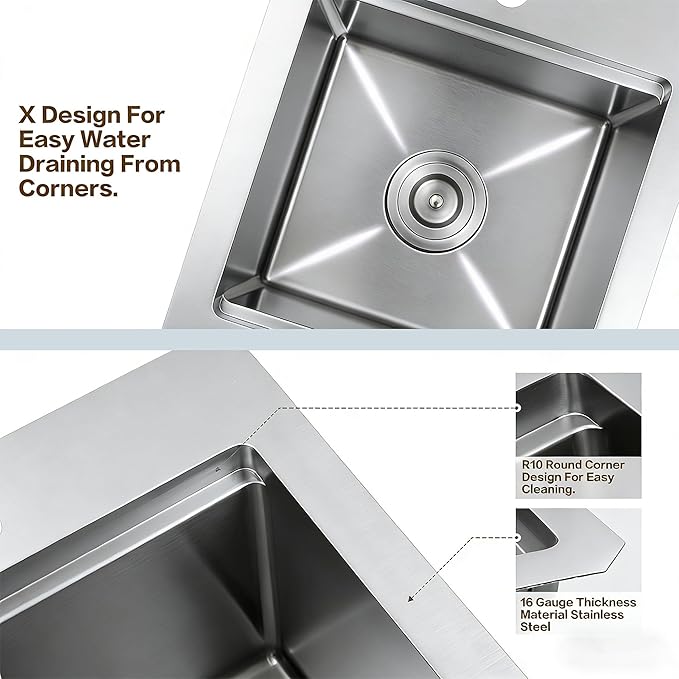 15 Inch Sink Undermount, 16 Gauge 304 Stainless Steel Workstaion Kitchen Sinks with Ledge & Accessories, 15" x 17" x10" Deep Bowl For Outdoor, RV,Prep Sink, and Wet Bar