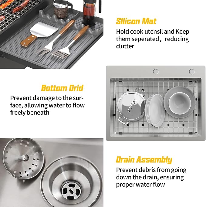 Kitchen Sink, 24x18 Inch Stainless Steel Drop In Topmount Kitchen And Bar Sink Stylish And Modern Look With Bottom Grid,Silicon Mat And Drain Assembly Add Elegance & Enhance Usability