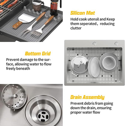Kitchen Sink, 24x18 Inch Stainless Steel Drop In Topmount Kitchen And Bar Sink Stylish And Modern Look With Bottom Grid,Silicon Mat And Drain Assembly Add Elegance & Enhance Usability