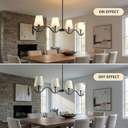 4-Light Linear Chandelier, 47"Black Farmhouse Light Fixture for Dining Room Kitchen Island, Modern Pendant Lighting with Fabric Shades, Adjustable Height Kitchen Island Light Fixture,E12 Base
