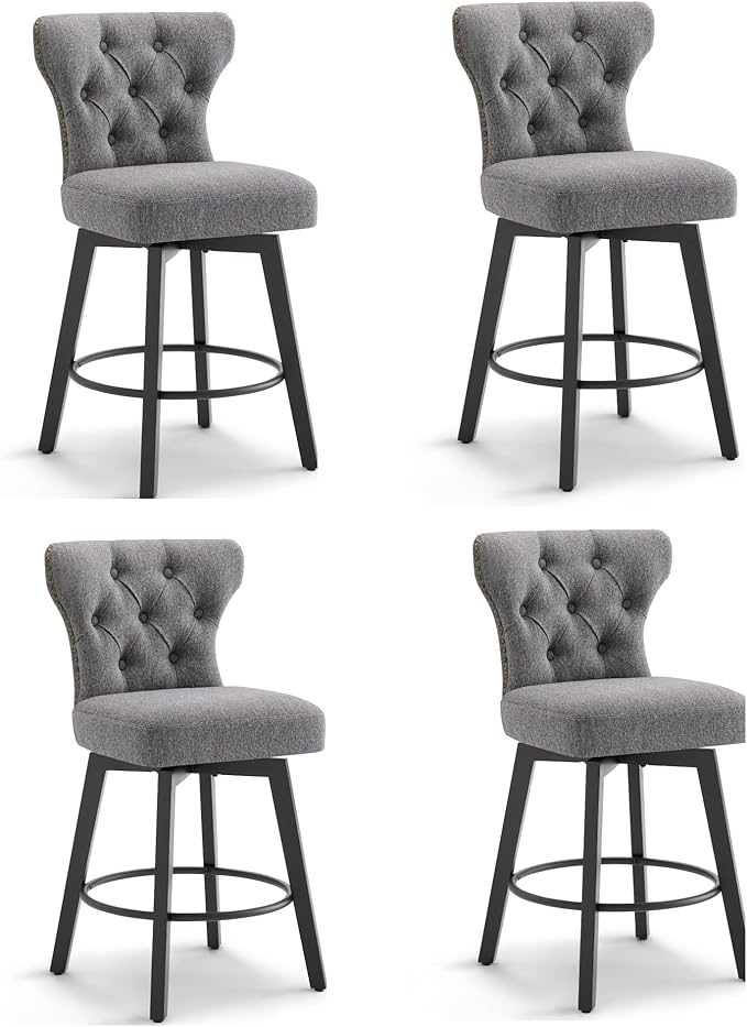 KISLOT Counter Height Barstools 26 inch Upholstered Button Tufted Swivel Bar Stools with Back for Kitchen Island,Set of 4,Dark Grey Fabric