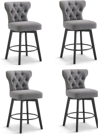 KISLOT Counter Height Barstools 26 inch Upholstered Button Tufted Swivel Bar Stools with Back for Kitchen Island,Set of 4,Dark Grey Fabric