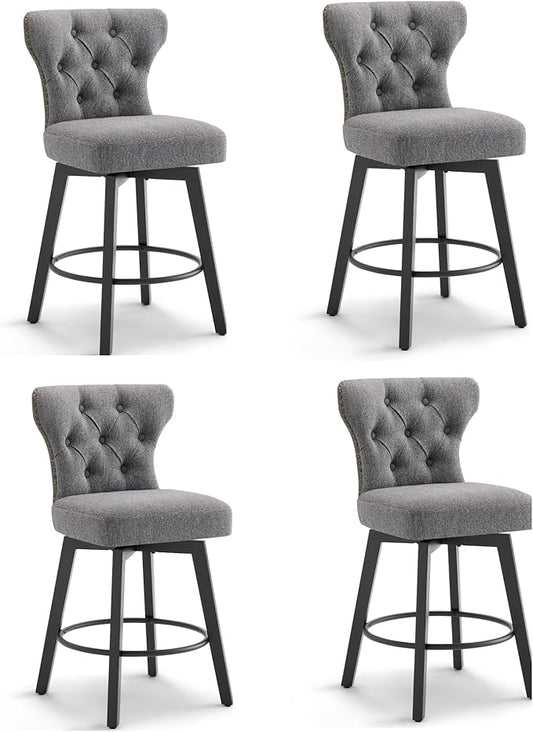 KISLOT Counter Height Barstools 26 inch Upholstered Button Tufted Swivel Bar Stools with Back for Kitchen Island,Set of 4,Dark Grey Fabric