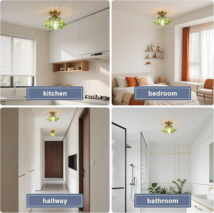 Semi Flush Mount Ceiling Light, Vintage Ceiling Light E26 Base, Green Shade Glass Hallway Light Fixture for Kitchen Porch Bedroom,Bulb Included
