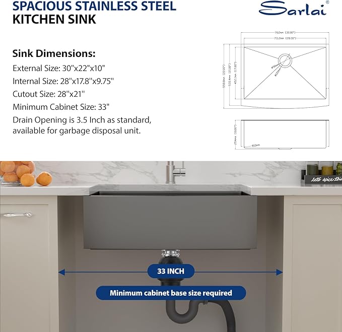 Sarlai Black Farmhouse Sink - 30 Inch Apron Front Kitchen Sink 30x22 Inch Farmhouse Kitchen Sinks Gunmetal Black Farmer Farm Stainless Steel 16 Gauge Sinks Deep Single Bowl Basin
