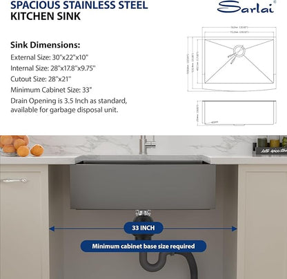 Sarlai Black Farmhouse Sink - 30 Inch Apron Front Kitchen Sink 30x22 Inch Farmhouse Kitchen Sinks Gunmetal Black Farmer Farm Stainless Steel 16 Gauge Sinks Deep Single Bowl Basin