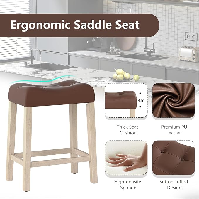 Giantex 24" Bar Stools Set of 4, Upholstered Counter Height Saddle Bar Stools with Footrest and Wood Legs, Farmhouse Faux Leather Backless Barstools for Kitchen Island, Dining Room, Cafe, Brown+Beige