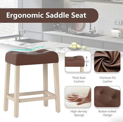 Giantex 24" Bar Stools Set of 4, Upholstered Counter Height Saddle Bar Stools with Footrest and Wood Legs, Farmhouse Faux Leather Backless Barstools for Kitchen Island, Dining Room, Cafe, Brown+Beige
