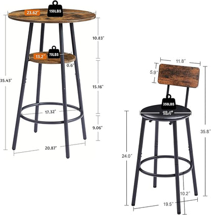 Bar Table Set for 2 with 2 PU Upholstered Stools, Pub Bistro Dinning Table and Stools with Backrest, Counter Height Bar Table Set for Apartment, Kitchen, Small Space