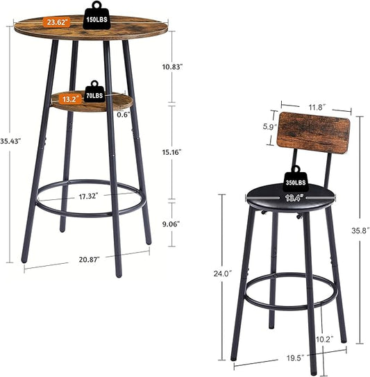 Round Bar Stool Table Set with Storage Shelf, Rustic Brown Upholstered Stools with Backrest, Comfortable PU Padded Seat, Bar Table and Chairs Set of 2 with Strong Iron Frame Supports 350 lbs