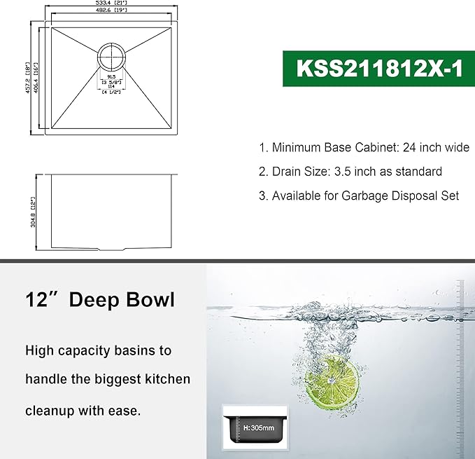 Kichae 21 Laundry Sink Undermount - 21x18 Inch Undermount Utility Sink Stainless Steel 12" Deep Single Bowl Under Counter Laundry Utility Room Handmade Basin