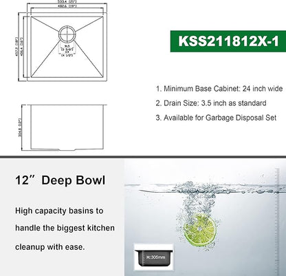 Kichae 21 Laundry Sink Undermount - 21x18 Inch Undermount Utility Sink Stainless Steel 12" Deep Single Bowl Under Counter Laundry Utility Room Handmade Basin