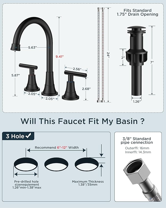 FORIOUS 8 Inch Widespread Bathroom Faucet Black and Gold, 2 Handle Mix Color Rv Matte Black and Brushed Gold Bathroom Sink Faucet 3 Hole, with 360° Rotating Spout, Pop-up Drain, and Supply Line