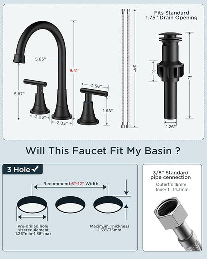 FORIOUS Matte Black Bathroom Faucet 3 Holes Vanity, 2 Handle 360° Swivel 8 In Widespread Black Bathroom Sink Faucet 3 Hole, with 360 Degree Rotating Spout, Pop-up Drain, Supply Lines, 2 Pack