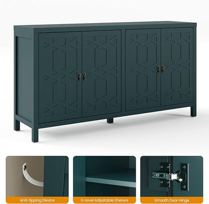RoyalCraft Modern Sideboard Buffet Cabinet, 60'' Green Credenza with 4 Doors and Adjustable Shelves, Kitchen Buffet Table Coffee Bar Wine Bar Cabinet for Dining Room, Living Room, Forest Green