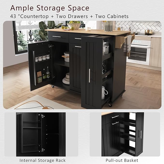 YOPTO 46" Kitchen Island with Drop Leaf,Dining Storage Cart W/ 3 Tier Pull Out Cabinet Organizer & Internal Storage Rack,Rolling Cart on Wheels W/Towel Rack & 2 Drawers,for Kitchen,Black