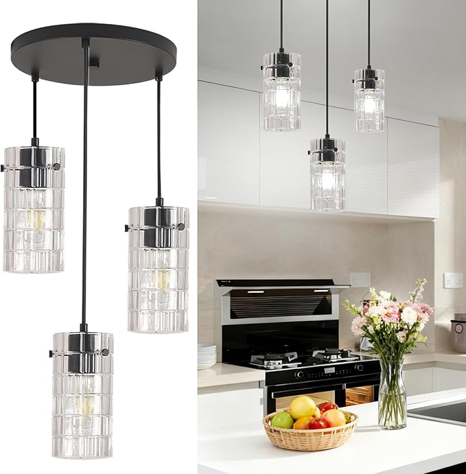 Black Glass Pendant Lights, Pendant Light Fixtures, Pendant Lights For kitchen island Living Room ,With Meatel Adjustable Hanging Rod,(3 Lights)