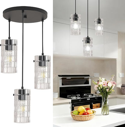 Black Glass Pendant Lights, Pendant Light Fixtures, Pendant Lights For kitchen island Living Room ,With Meatel Adjustable Hanging Rod,(3 Lights)