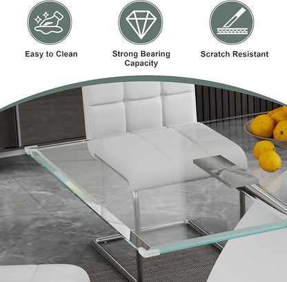 63" Rectangle Glass Dining Table, White Modern Kitchen Table with Tempered Glass Tabletop and Silver X-Shaped MDF Base, Dining Room Table for 4-6, for Kithchen, Living Room