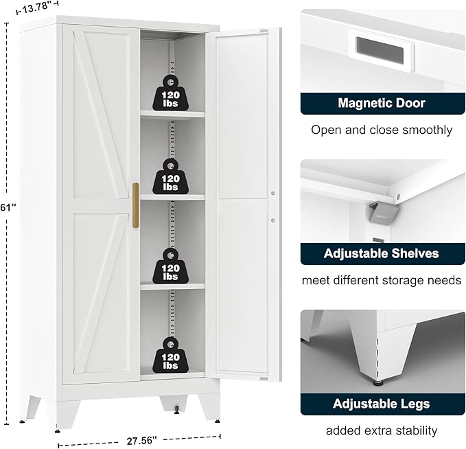 LCAOPC 61" Tall Metal Storage Cabinet with 2 Doors and 3 Adjustable Shelves, 4-Tier Kitchen Pantry Storage Cabinet for Kitchen, Living Room, Dining Room and Office, White