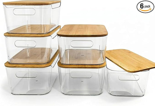 CiWiVOKi 6 Pack Clear Storage Bins with Bamboo Lids - Stackable Pantry Organization and Storage Containers with Handles - 3.7L Large BPA-Free Plastic Organizer for Kitchen, Fridge, Bathroom & Closet