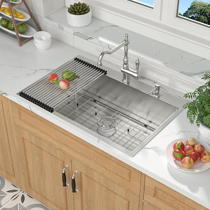Mocoloo 30 x 22 Kitchen Sink Drop in - 30 Inch Stainless Steel Kitchen Sinks Topmount 16 Gauge Single Bowl Above Counter Handmade Sink, 10'' Deep Basin