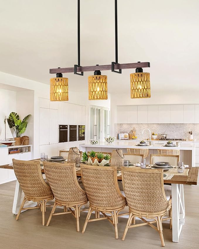 3-Light Kitchen Island Light Fixture, Linear Chandelier for Dining Room, Rustic Pendant Light Over Table, Handmade Woven Farmhouse Wicker Chandelier, Dark Wood Finish for Kitchen Island