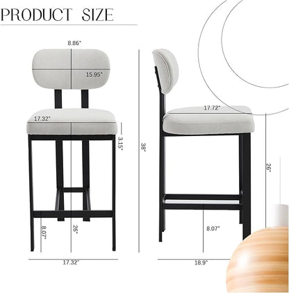 Bar Stools Set of 2, 26 inch Counter Height - Modern Upholstered Kitchen Island Chairs with Metal Legs for Dining & Bar Areas
