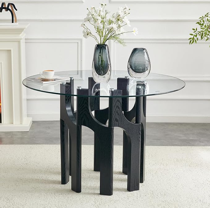 Glass Round Dining Table for 4 6 Person, 46 Inch Glass Kitchen Dining Room Table with Wooden Black Pedestal Base,Modern Circle Clear Glass Top Dinner Table for Small Spaces Home/Apartment