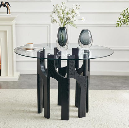 Glass Round Dining Table for 4 6 Person, 46 Inch Glass Kitchen Dining Room Table with Wooden Black Pedestal Base,Modern Circle Clear Glass Top Dinner Table for Small Spaces Home/Apartment